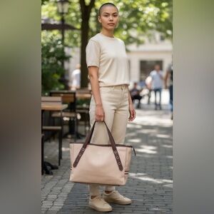 SOLD Burberry Blue Label Light Pink Canvas Brown Leather Trim Tote Bag Striped